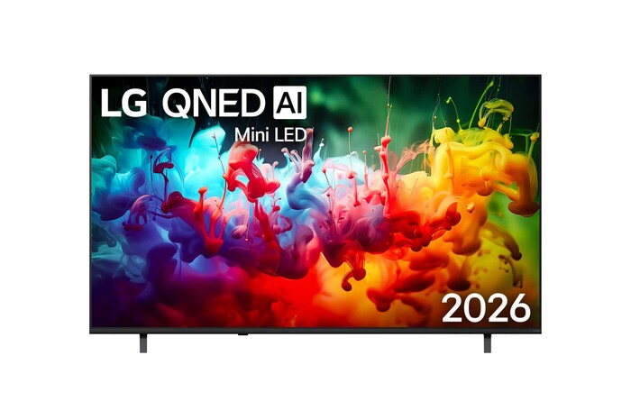 Het vooraanzicht van de LG QNED AI QNED70 Mini LED, gelanceerd in 2026, vult het scherm met levendige, vloeiende spatten van veelkleurige bewegingen, terwijl de kleuren mooi gelaagd zijn en soepel over het scherm verspreiden.